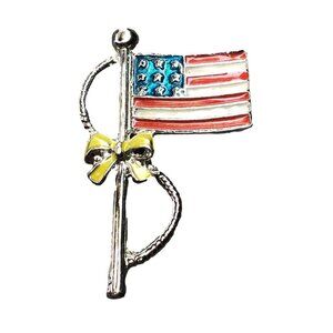 Patriotic American Flag Brooch Pin With Yellow Bow & Silver Accents
